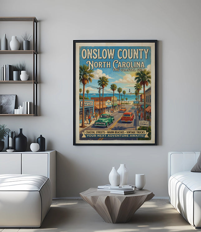 Poster for Onslow County, North Carolina, featuring a coastal town street scene with vintage trucks.