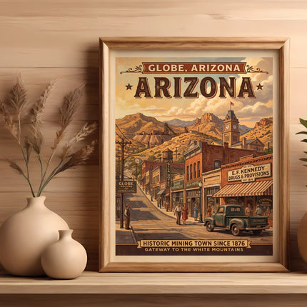 Vintage Arizona poster from Globe, Arizona, a historic mining town.