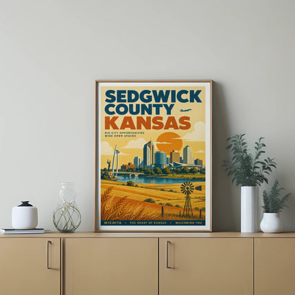 Sedgwick County Kansas poster with city skyline and text about opportunities and spaces.