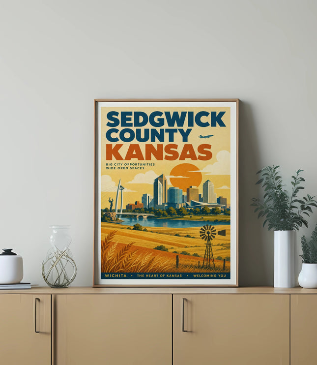 Sedgwick County Kansas poster with city skyline and text about opportunities and spaces.