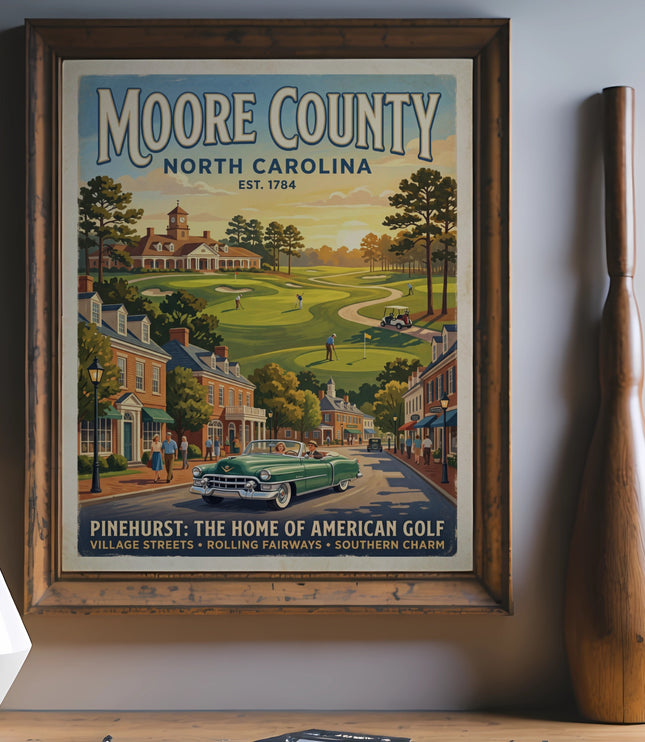 Vintage poster of Moore County, North Carolina, featuring golf, a convertible, and village streets.