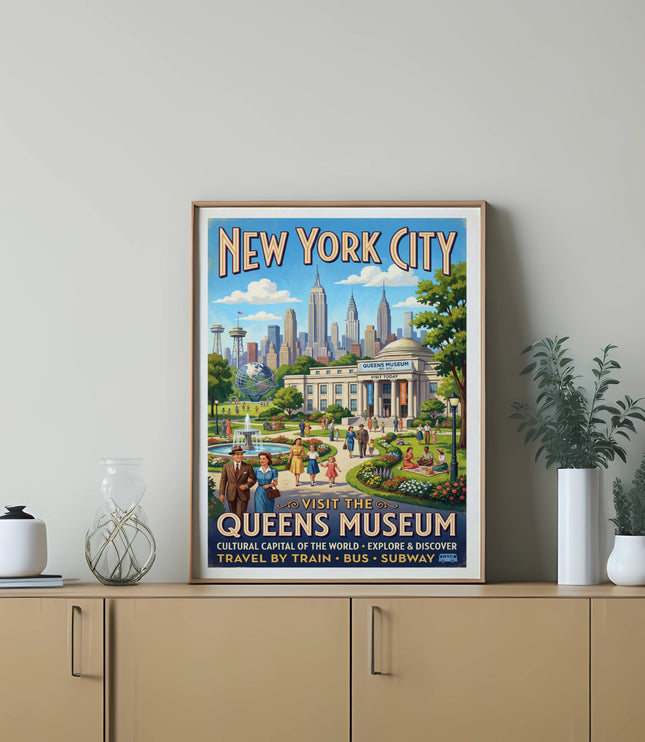 New York City poster for Queens Museum showing skyline and people enjoying park.