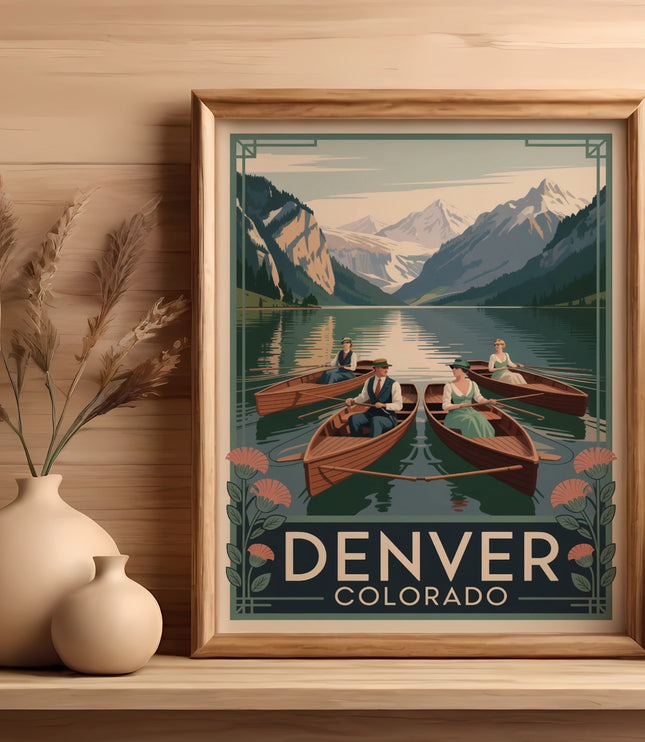 Framed "Denver Colorado" art featuring people in rowboats on a lake with mountains.