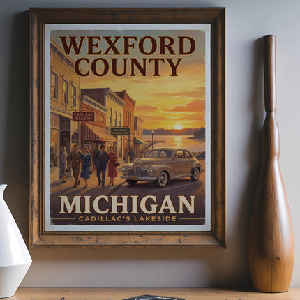 Wexford County Michigan Cadillac's Lakeside vintage travel poster with sun, car, and people.