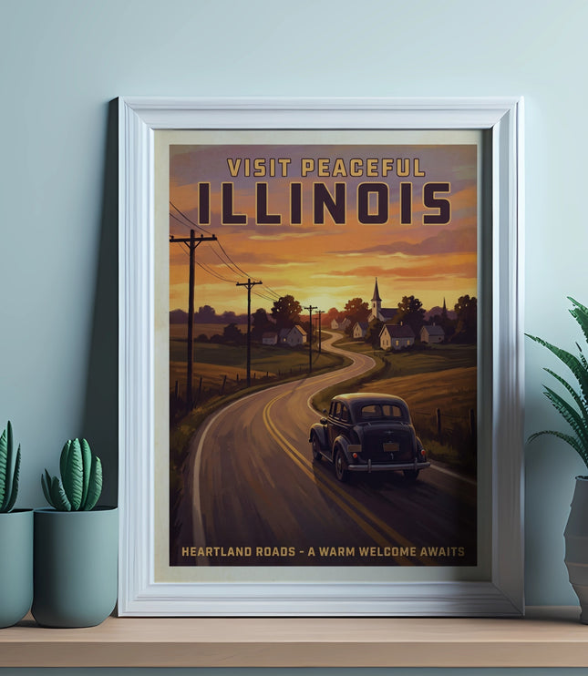 Vintage travel poster: Visit Peaceful Illinois, with a car on a winding road.