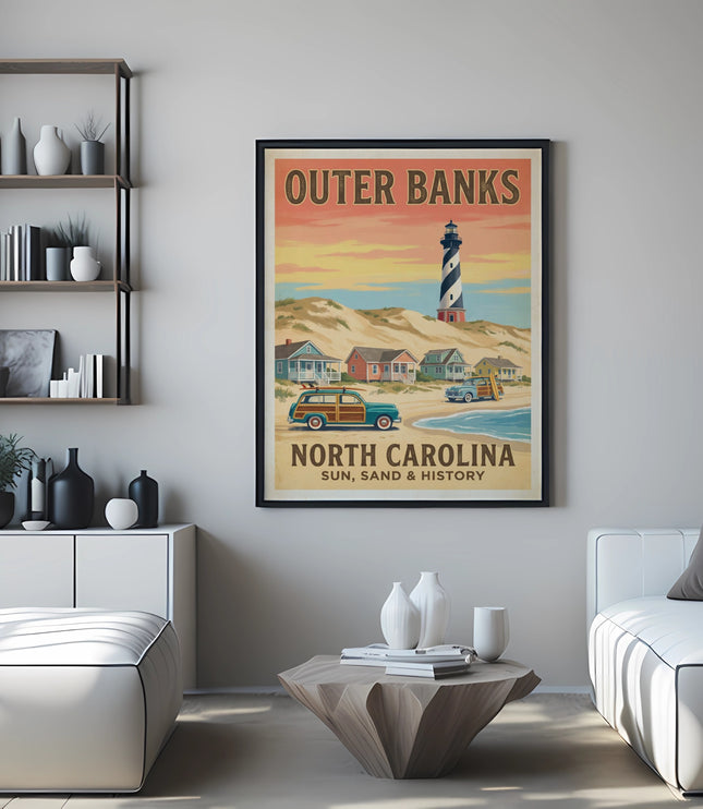 Vintage Outer Banks North Carolina travel poster with lighthouse and beach scene.