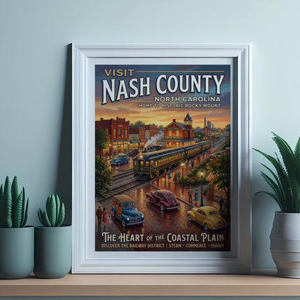 Vintage poster of Nash County, NC, featuring Rocky Mount, a train, and classic cars.