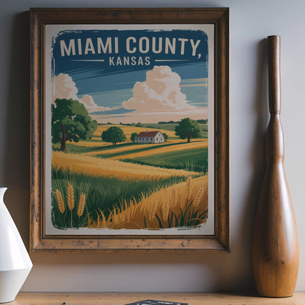 Vintage travel poster for Miami County, Kansas, with fields and trees.