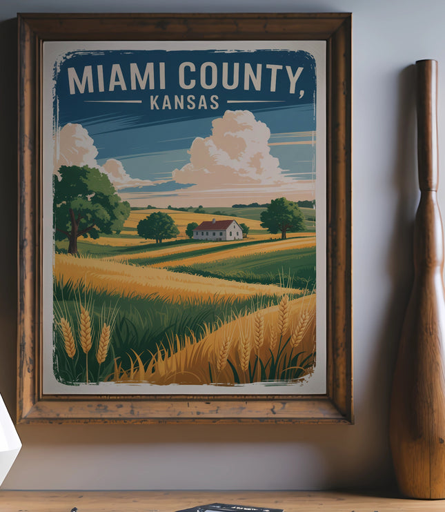 Vintage travel poster for Miami County, Kansas, with fields and trees.