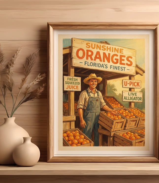 Vintage "Sunshine Oranges" poster with man at orange stand selling juice and U-Pick.