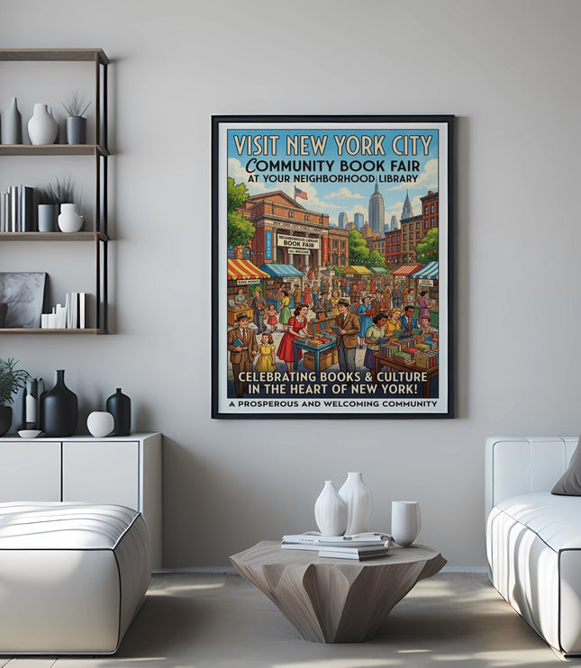 New York City Community Book Fair vintage poster with library and city skyline.