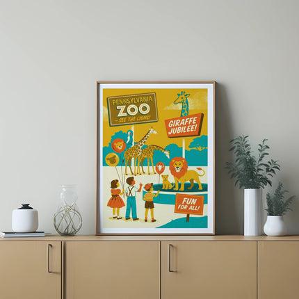 Zoo poster with giraffes, lions, and children, advertising "Giraffe Jubilee."