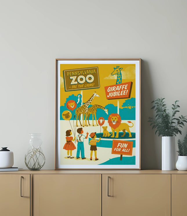 Zoo poster with giraffes, lions, and children, advertising "Giraffe Jubilee."