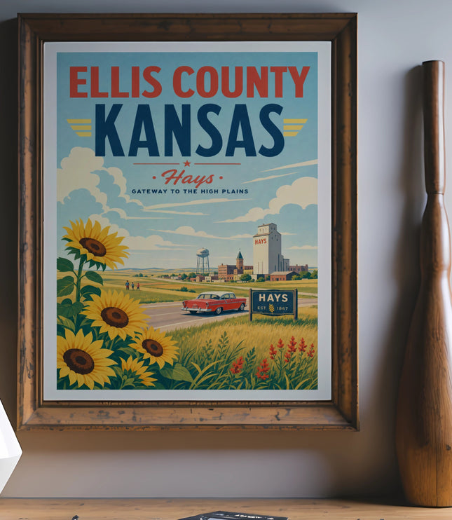 Ellis County Kansas poster featuring sunflowers, a red car, and Hays skyline.