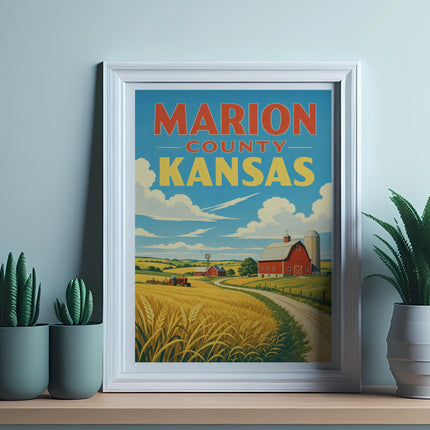 Marion County Kansas farm scene with barn and wheat fields.