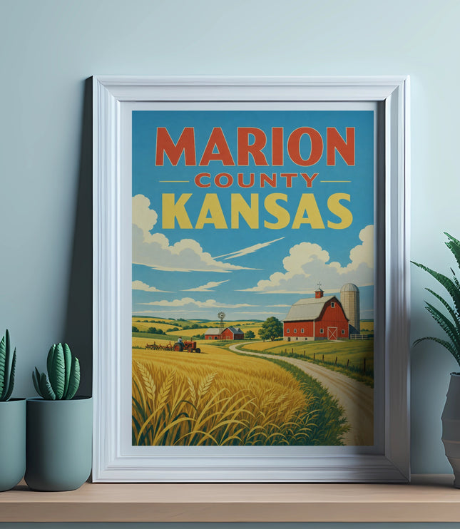 Marion County Kansas farm scene with barn and wheat fields.