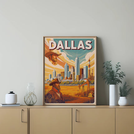 Vintage Dallas skyline poster featuring a cowboy and oil derrick.