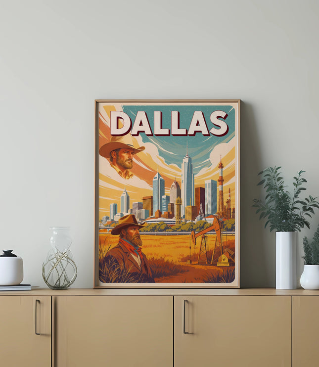 Vintage Dallas skyline poster featuring a cowboy and oil derrick.