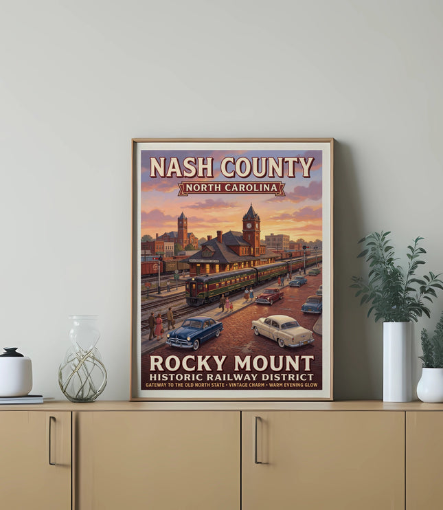 Nash County North Carolina Rocky Mount historic railway district vintage charm poster.