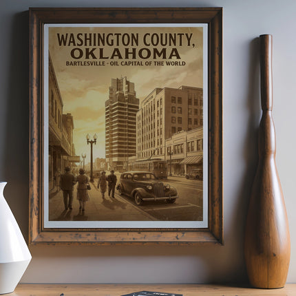 Vintage poster of Washington County, Oklahoma, Bartlesville oil capital, featuring street scene.