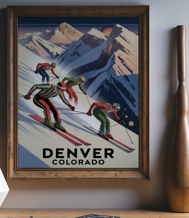 Vintage ski poster for Denver, Colorado, with skiers descending mountains.