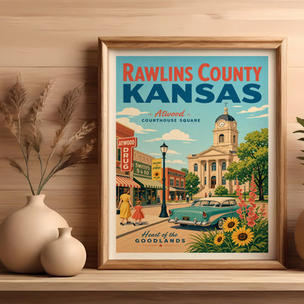 Vintage travel poster for Rawlins County, Kansas, featuring Atwood Courthouse Square.