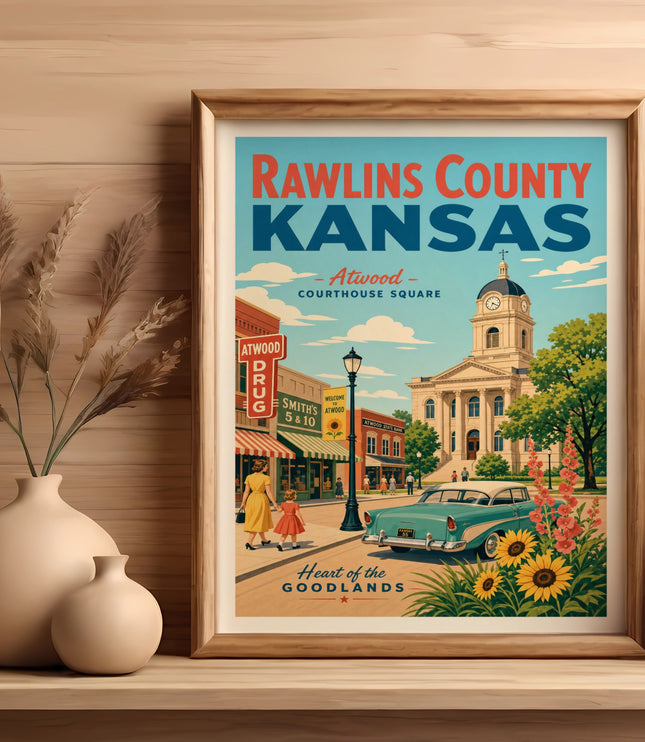 Vintage travel poster for Rawlins County, Kansas, featuring Atwood Courthouse Square.