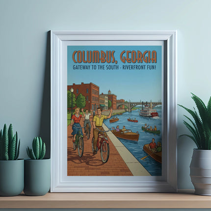 Vintage poster of Columbus, Georgia with people cycling and boating along the riverfront.