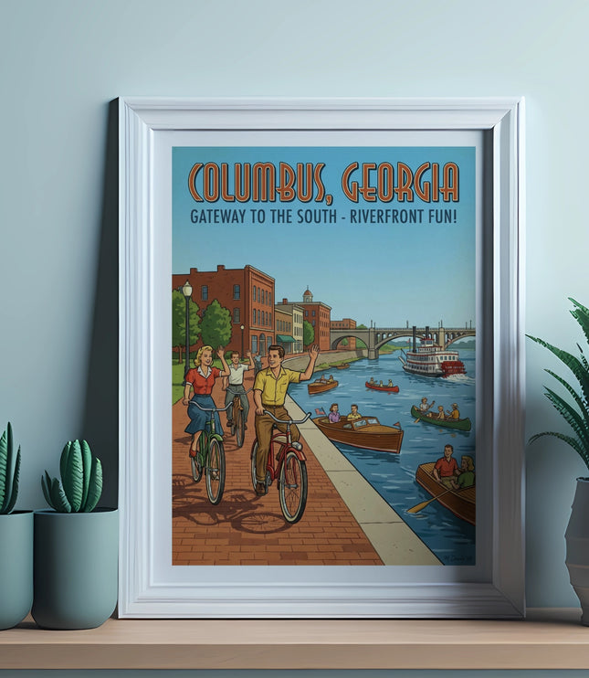 Vintage poster of Columbus, Georgia with people cycling and boating along the riverfront.