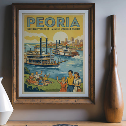 Peoria, Illinois Riverfront travel poster with steamboats and family picnicking.