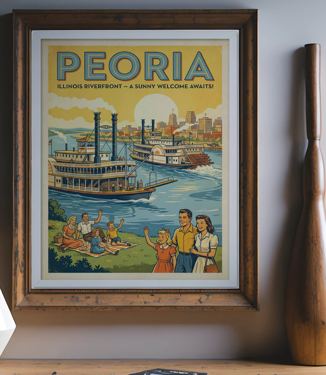 Peoria, Illinois Riverfront travel poster with steamboats and family picnicking.