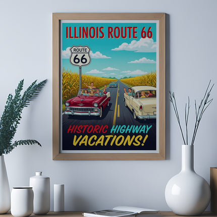 Route 66 historic vacations vintage poster with cars driving on road.