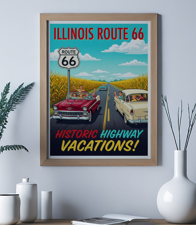 Route 66 historic vacations vintage poster with cars driving on road.