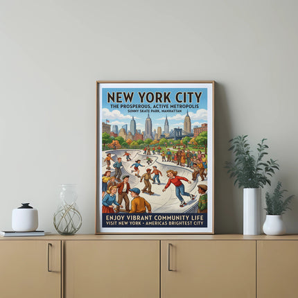 New York City poster featuring a lively skate park scene with city skyline.