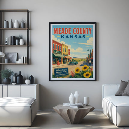 Framed poster for Meade County, Kansas featuring a vintage street scene.