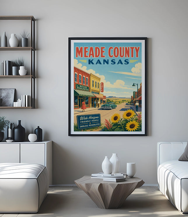 Framed poster for Meade County, Kansas featuring a vintage street scene.