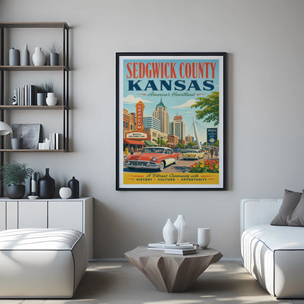 Sedgwick County Kansas travel poster with vintage car and city skyline.