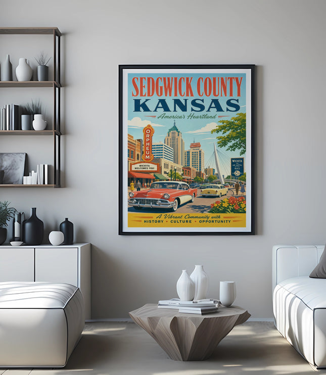 Sedgwick County Kansas travel poster with vintage car and city skyline.