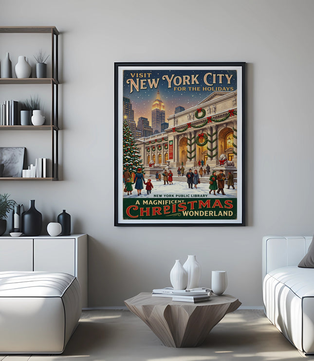 New York City holiday poster featuring Empire State Building and Public Library.