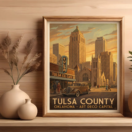 Vintage art deco poster of Tulsa County, Oklahoma with buildings and a classic car.