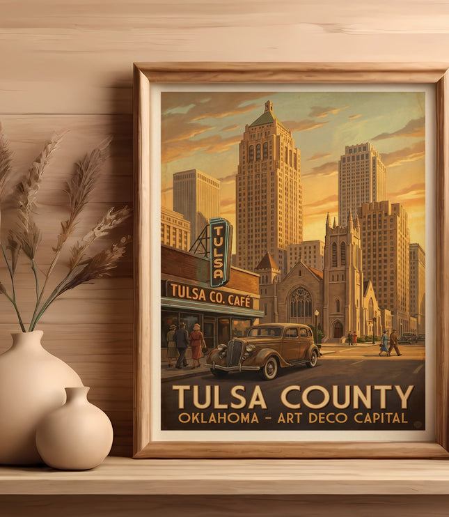 Vintage art deco poster of Tulsa County, Oklahoma with buildings and a classic car.