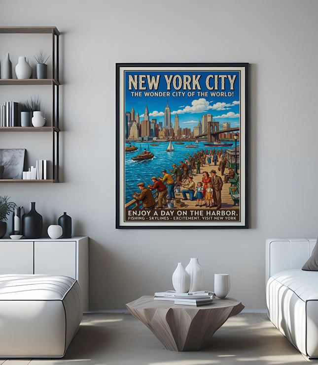 New York City poster depicting skyline and harbor activities with text.