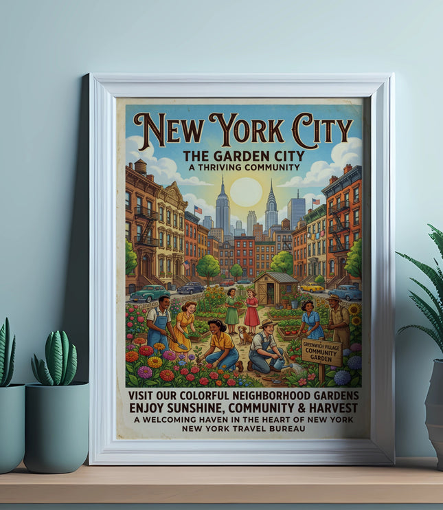 New York City poster depicts a vintage scene of community gardening with city skyline.