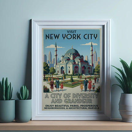 Vintage New York City travel poster with city landmarks and text.