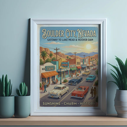 Vintage-style illustration of Boulder City, Nevada street scene with cars and shops.
