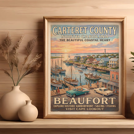 Framed poster of Beaufort, NC, showing a harbor with boats, buildings, and cars.
