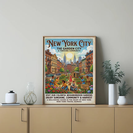 New York City The Garden City vintage travel poster with community garden illustration.
