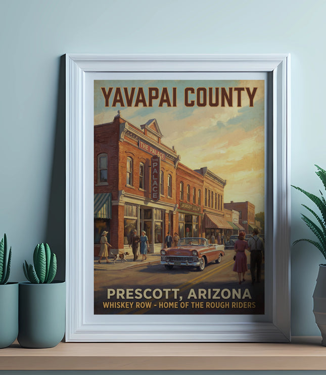 Yavapai County Prescott Arizona poster with vintage town street scene and convertible car.