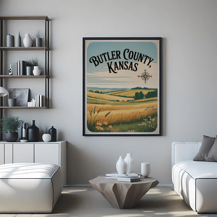 Butler County, Kansas vintage travel poster with rolling hills and farmland.