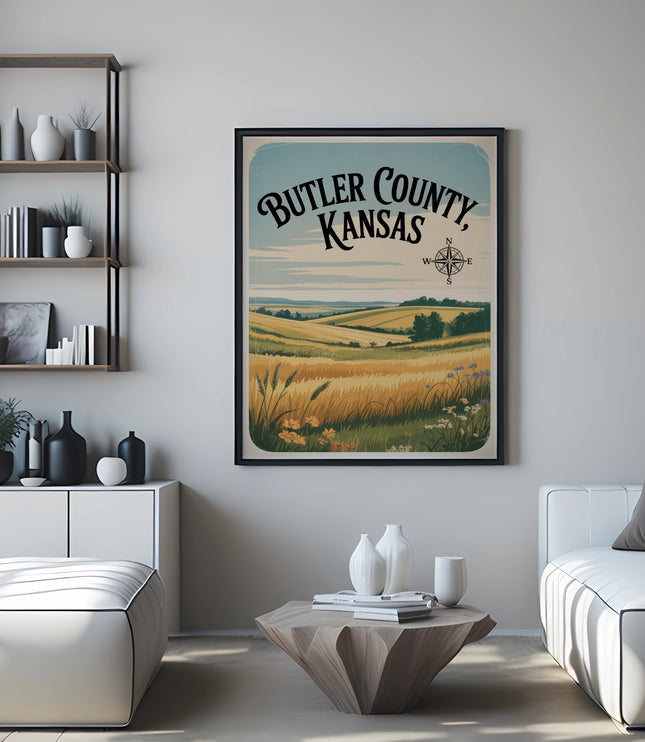 Butler County, Kansas vintage travel poster with rolling hills and farmland.